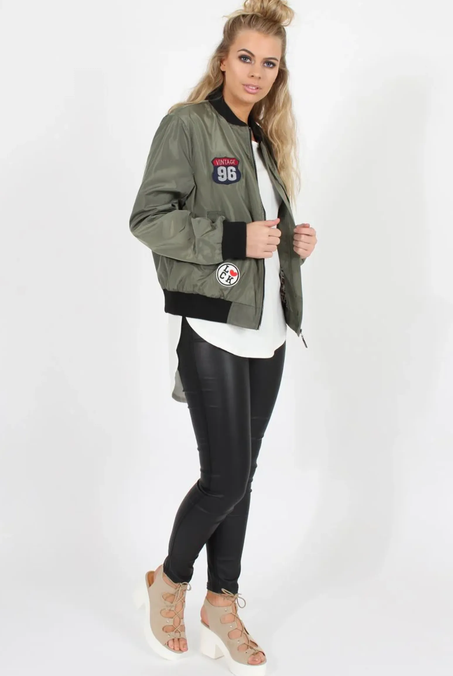 Rebellious Fashion Khaki Badge Detail Bomber Jacket - Suzy
