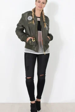 Rebellious Fashion Khaki Badge detail Bomber Jacket - Kendall