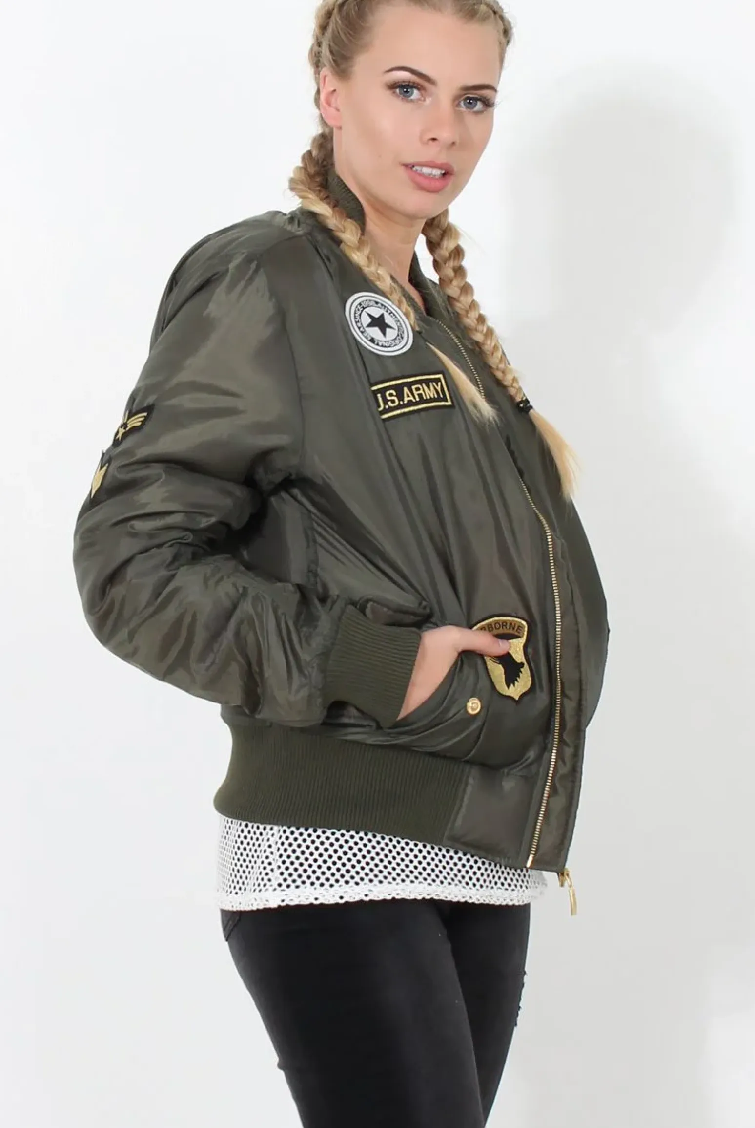 Rebellious Fashion Khaki Badge detail Bomber Jacket - Kendall