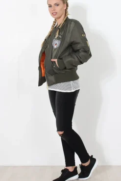Rebellious Fashion Khaki Badge detail Bomber Jacket - Kendall