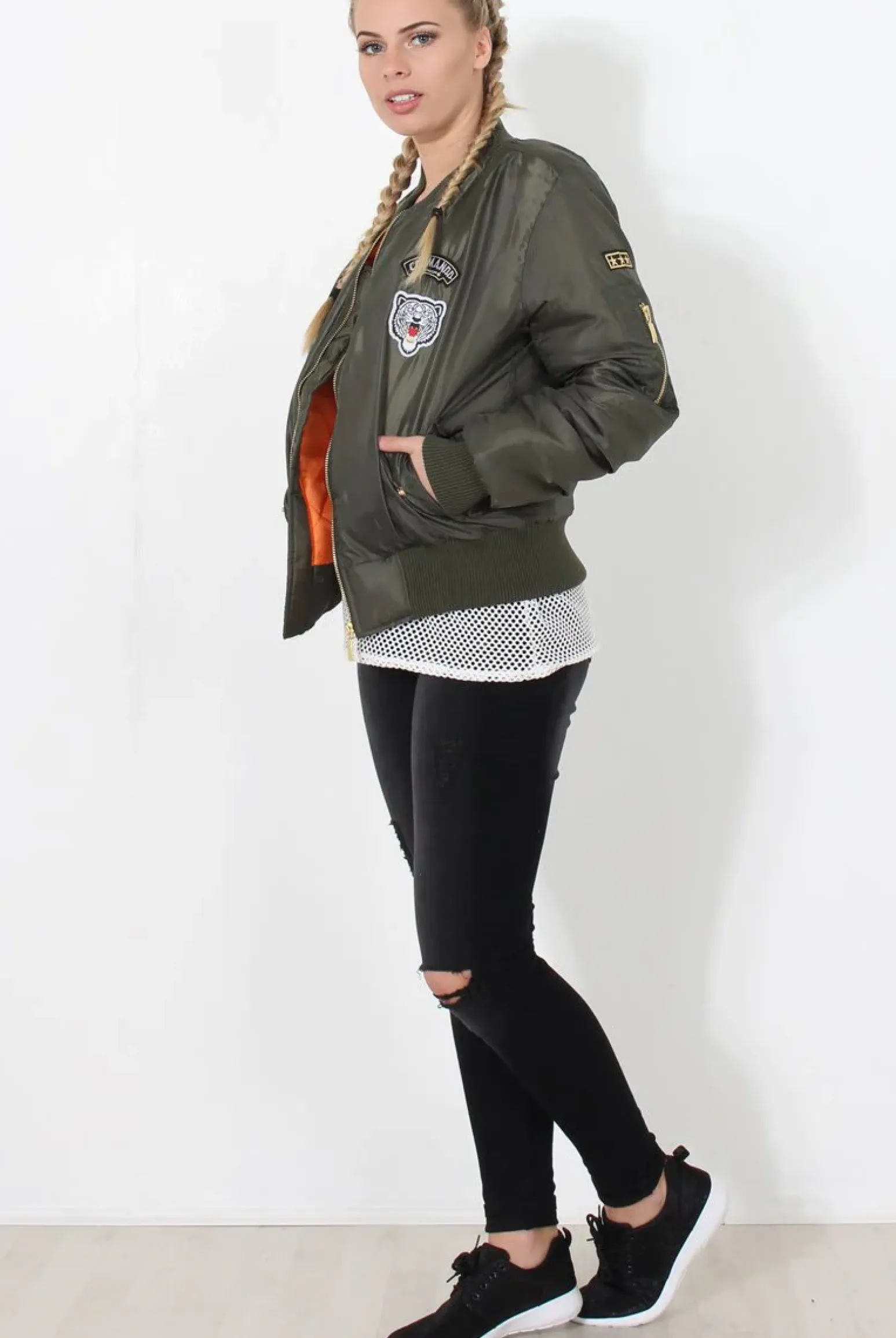 Rebellious Fashion Khaki Badge detail Bomber Jacket - Kendall