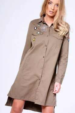 Rebellious Fashion Khaki Badge Embroidered Utility Shirt Dress - Alicia