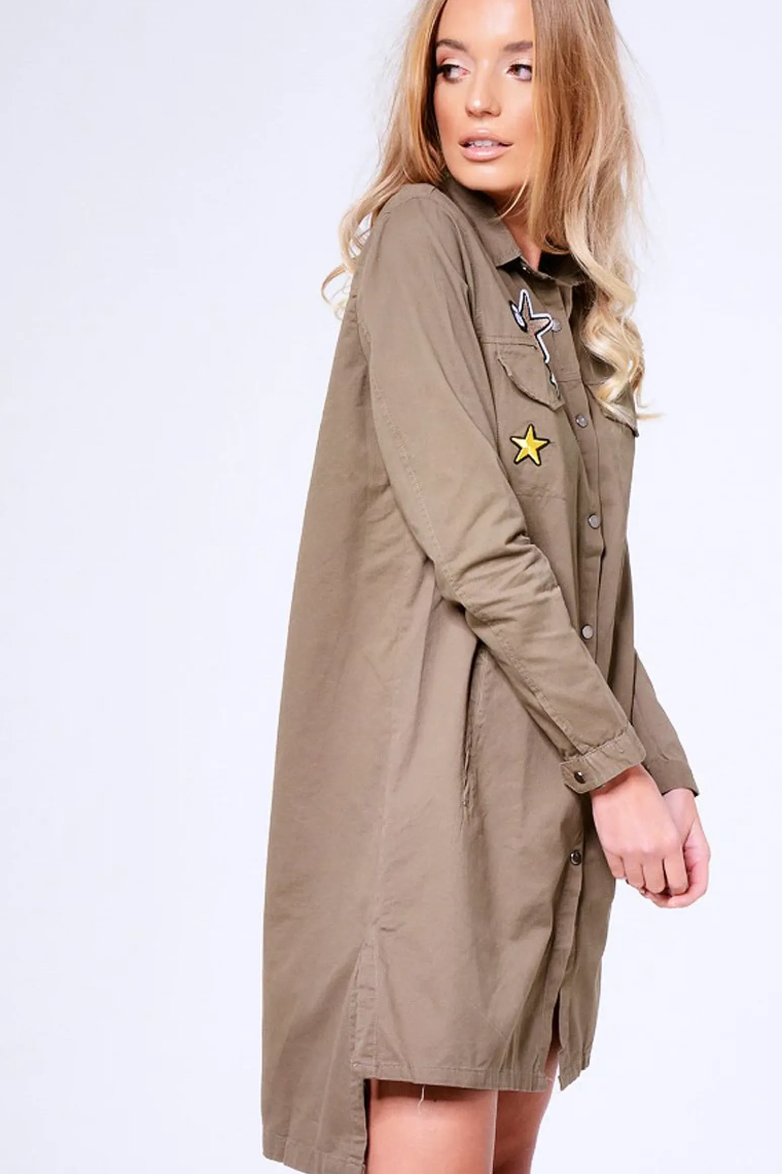 Rebellious Fashion Khaki Badge Embroidered Utility Shirt Dress - Alicia