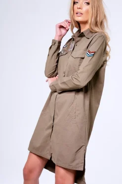Rebellious Fashion Khaki Badge Embroidered Utility Shirt Dress - Alicia