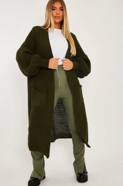 Rebellious Fashion Khaki Balloon Sleeve Maxi Knit Cardigan - Imara