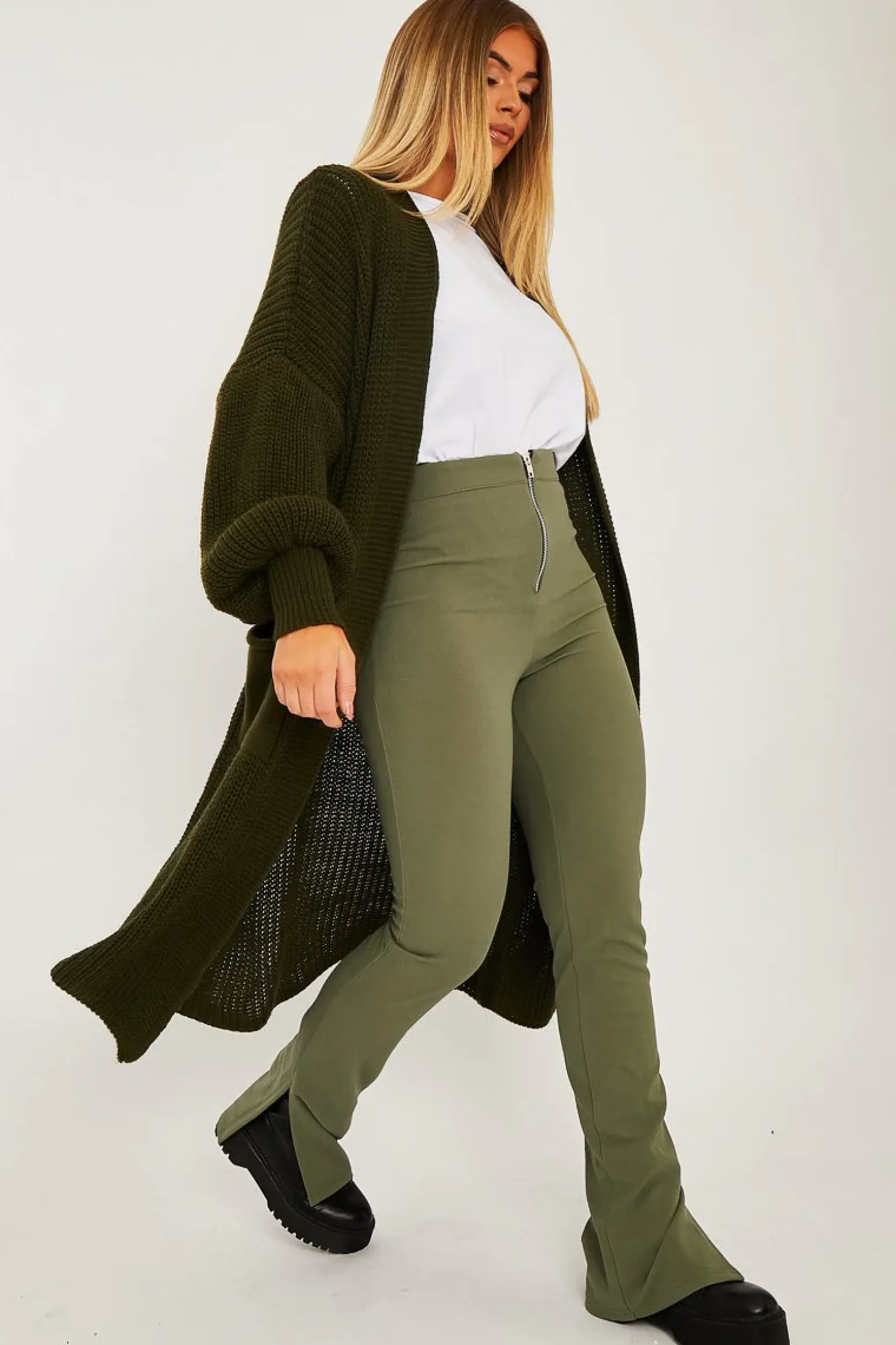 Rebellious Fashion Khaki Balloon Sleeve Maxi Knit Cardigan - Imara