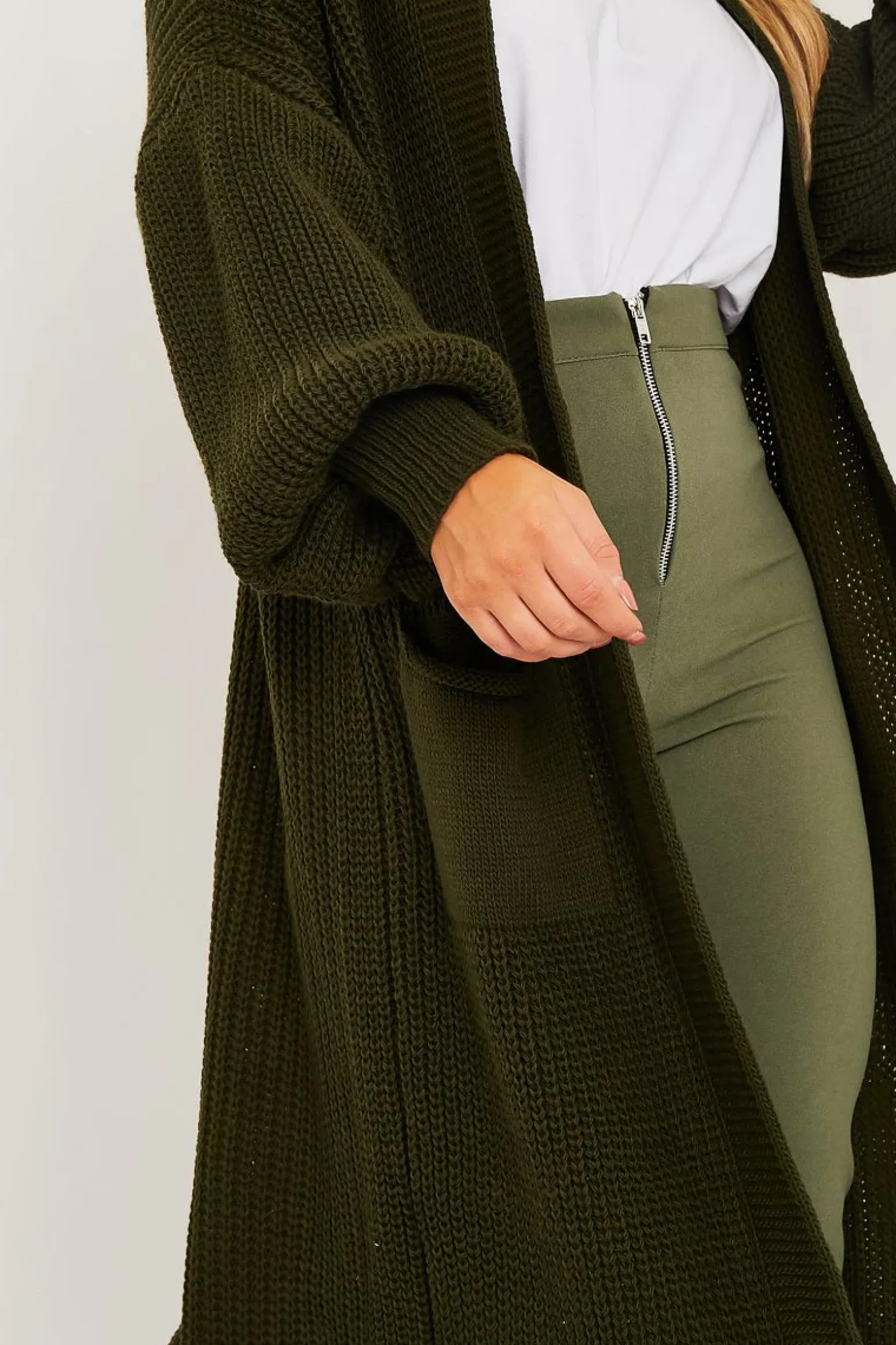 Rebellious Fashion Khaki Balloon Sleeve Maxi Knit Cardigan - Imara