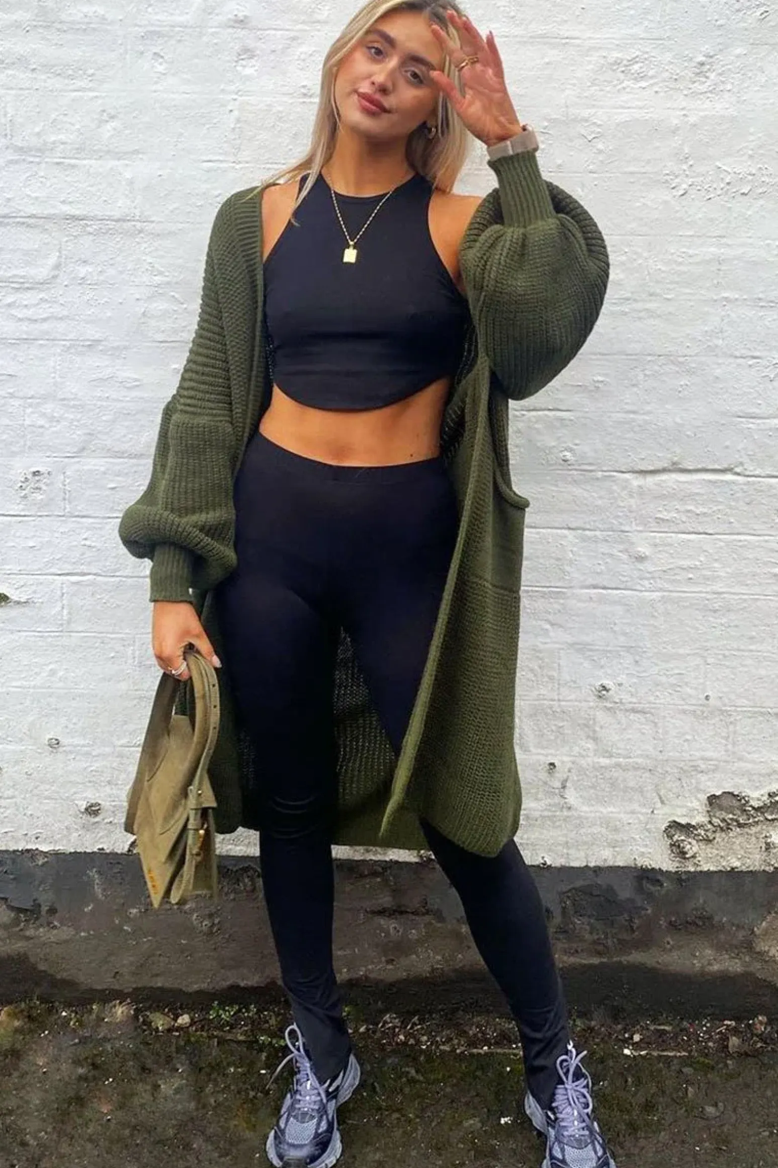 Rebellious Fashion Khaki Balloon Sleeve Maxi Knit Cardigan - Imara