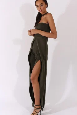 Rebellious Fashion Khaki Bandeau Choker Split Detail Jumpsuit - Rosy