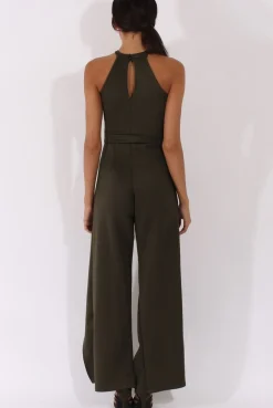 Rebellious Fashion Khaki Bandeau Choker Split Detail Jumpsuit - Rosy