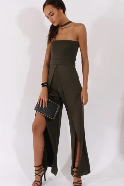 Rebellious Fashion Khaki Bandeau Choker Split Detail Jumpsuit - Rosy