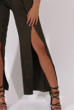 Rebellious Fashion Khaki Bandeau Choker Split Detail Jumpsuit - Rosy