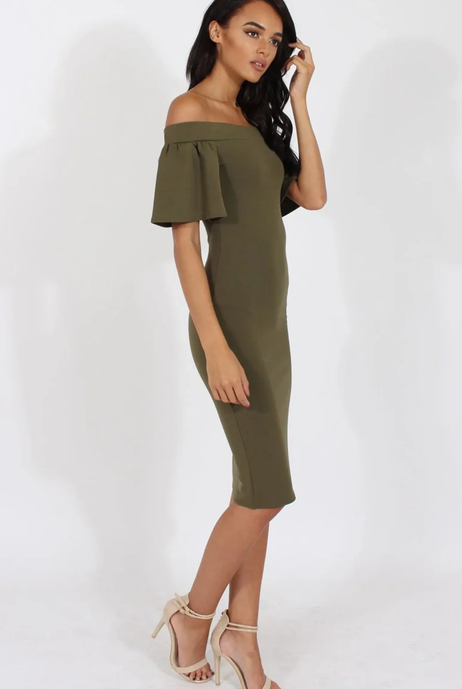 Rebellious Fashion Khaki Bardot Bodycon Midi Dress - Cecilia