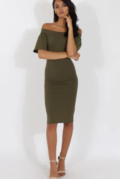 Rebellious Fashion Khaki Bardot Bodycon Midi Dress - Cecilia