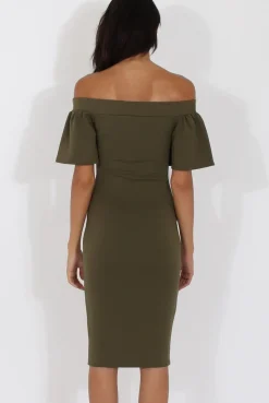 Rebellious Fashion Khaki Bardot Bodycon Midi Dress - Cecilia