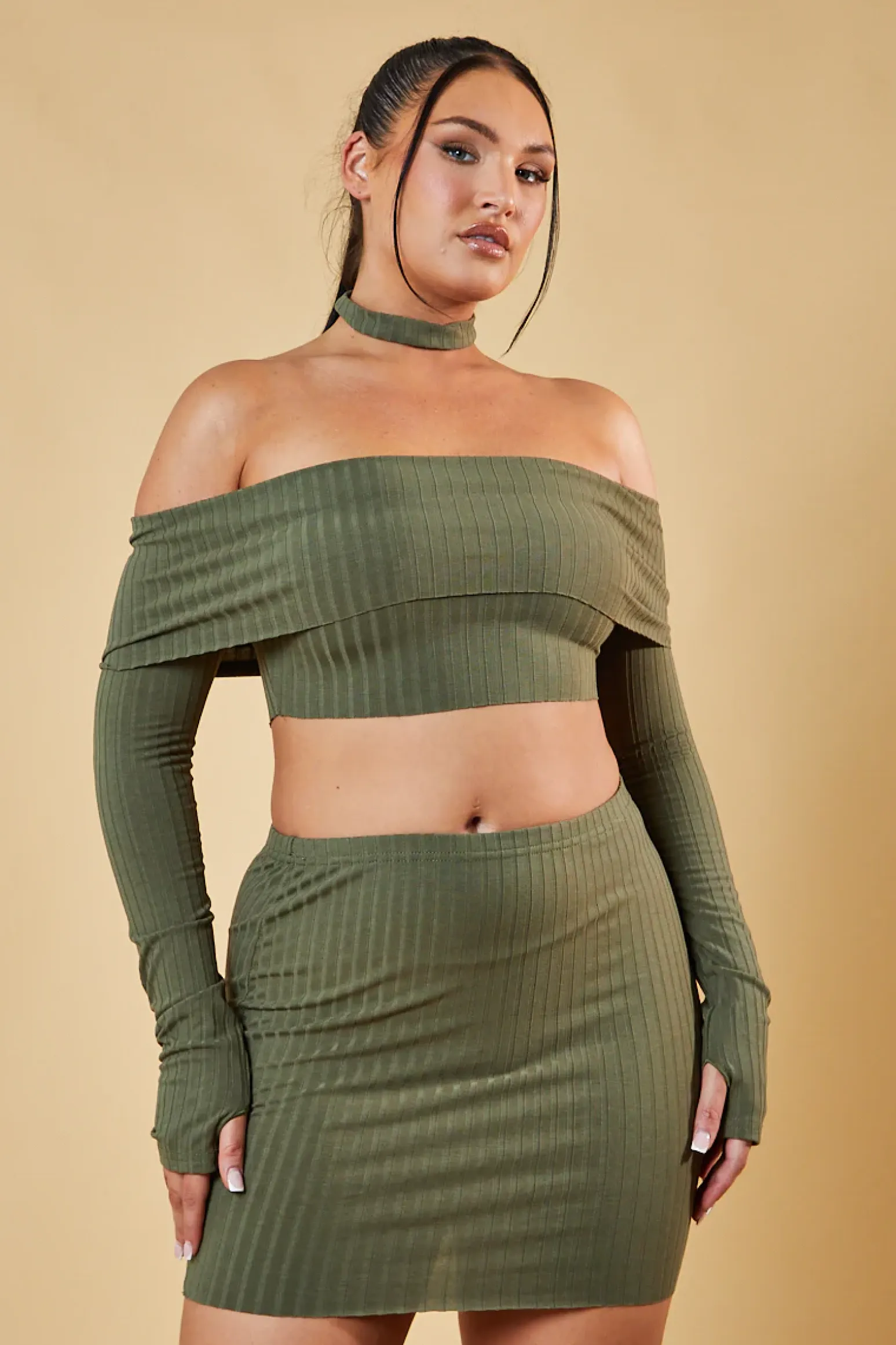 Rebellious Fashion Khaki Bardot Choker Neck Cropped Top & Mini Skirt Co-ord Set - Carla