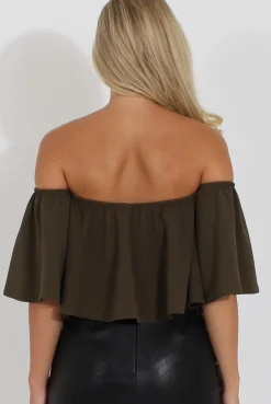 Rebellious Fashion Khaki Bardot Crop Top - Bryony