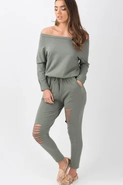 Rebellious Fashion Khaki Bardot Distressed Jumpsuit - Bethan