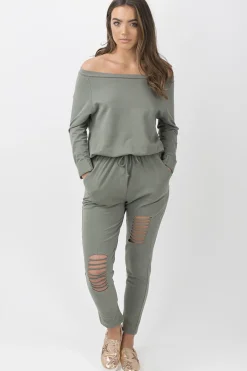 Rebellious Fashion Khaki Bardot Distressed Jumpsuit - Bethan
