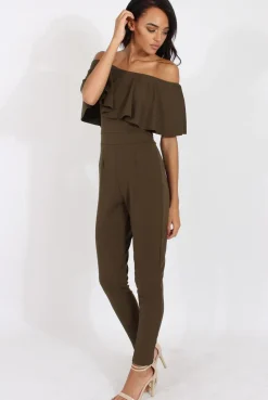 Rebellious Fashion Khaki Bardot Fitted Jumpsuit - Bridget