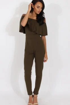 Rebellious Fashion Khaki Bardot Fitted Jumpsuit - Bridget