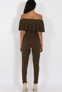 Rebellious Fashion Khaki Bardot Fitted Jumpsuit - Bridget