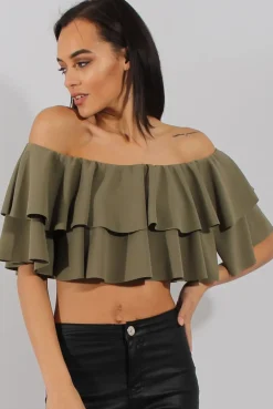 Rebellious Fashion Khaki Bardot Frill Crop Top - Flissy