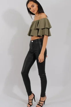Rebellious Fashion Khaki Bardot Frill Crop Top - Flissy