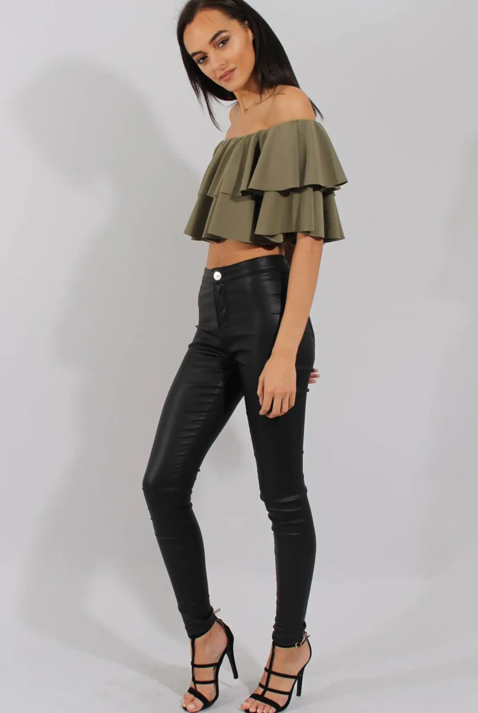 Rebellious Fashion Khaki Bardot Frill Crop Top - Flissy