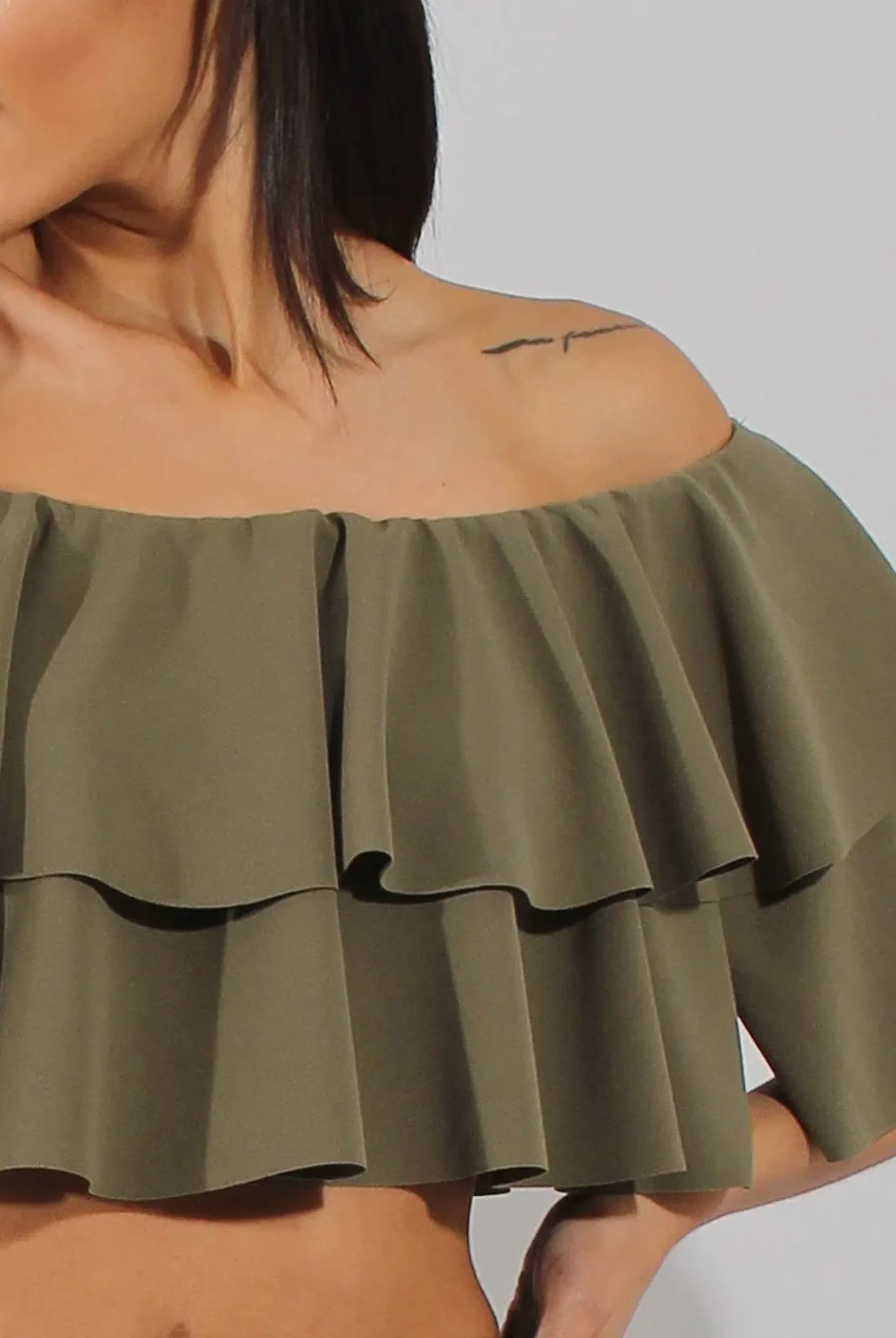 Rebellious Fashion Khaki Bardot Frill Crop Top - Flissy