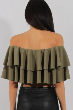 Rebellious Fashion Khaki Bardot Frill Crop Top - Flissy