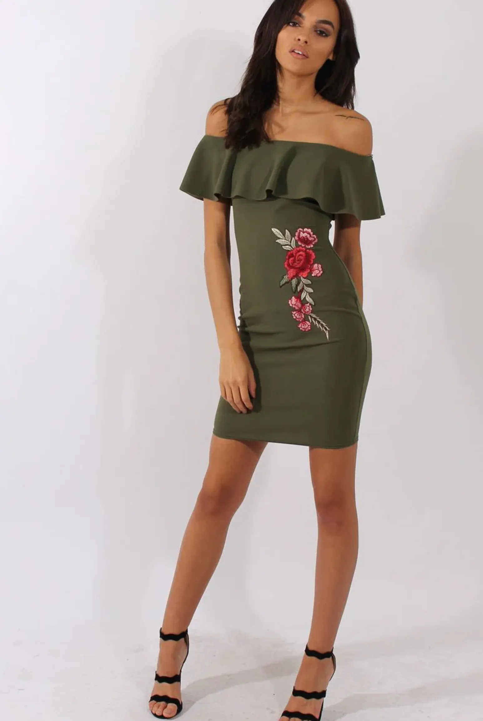 Rebellious Fashion Khaki Bardot Frill Embroidered Dress - Jasmine