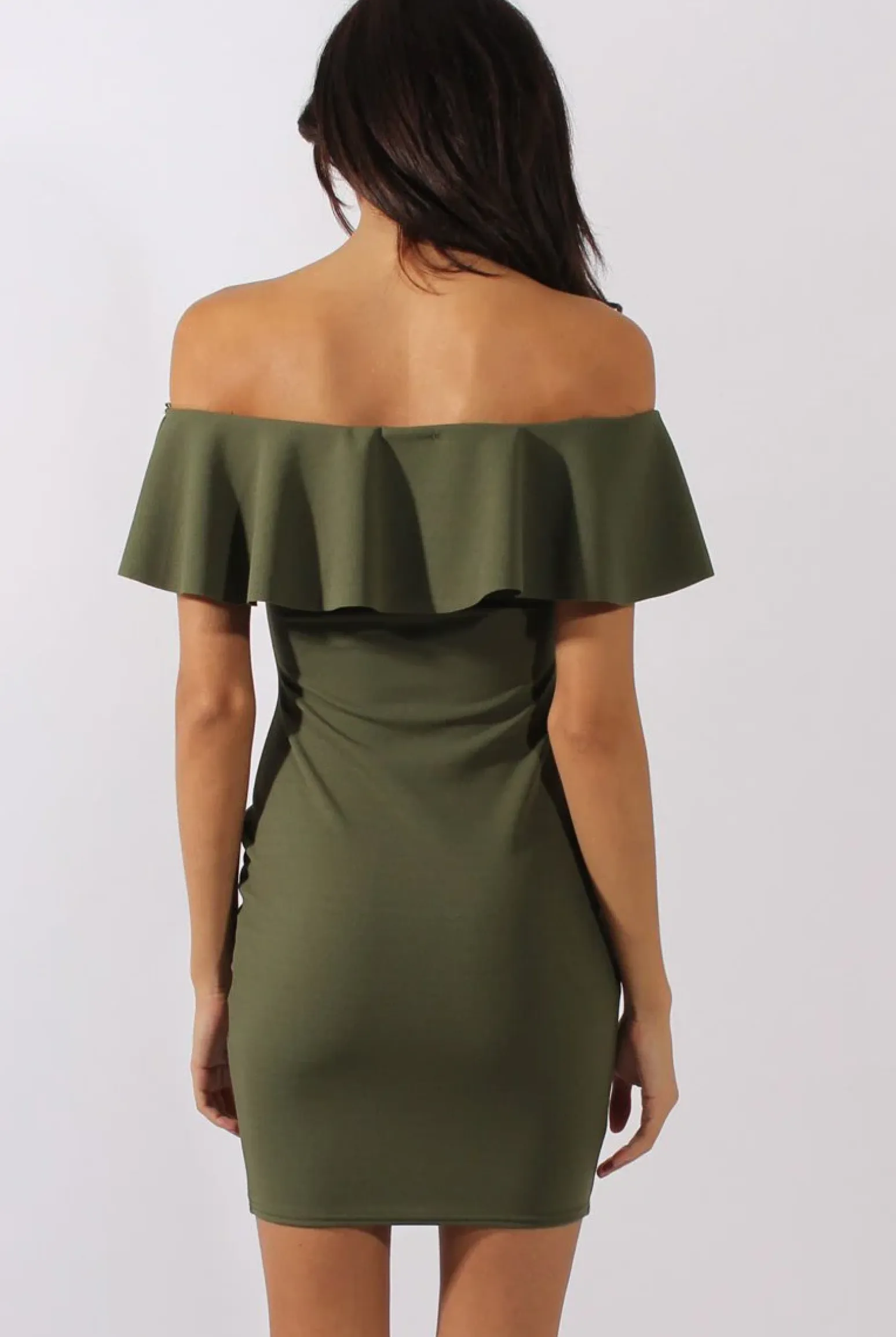 Rebellious Fashion Khaki Bardot Frill Embroidered Dress - Jasmine