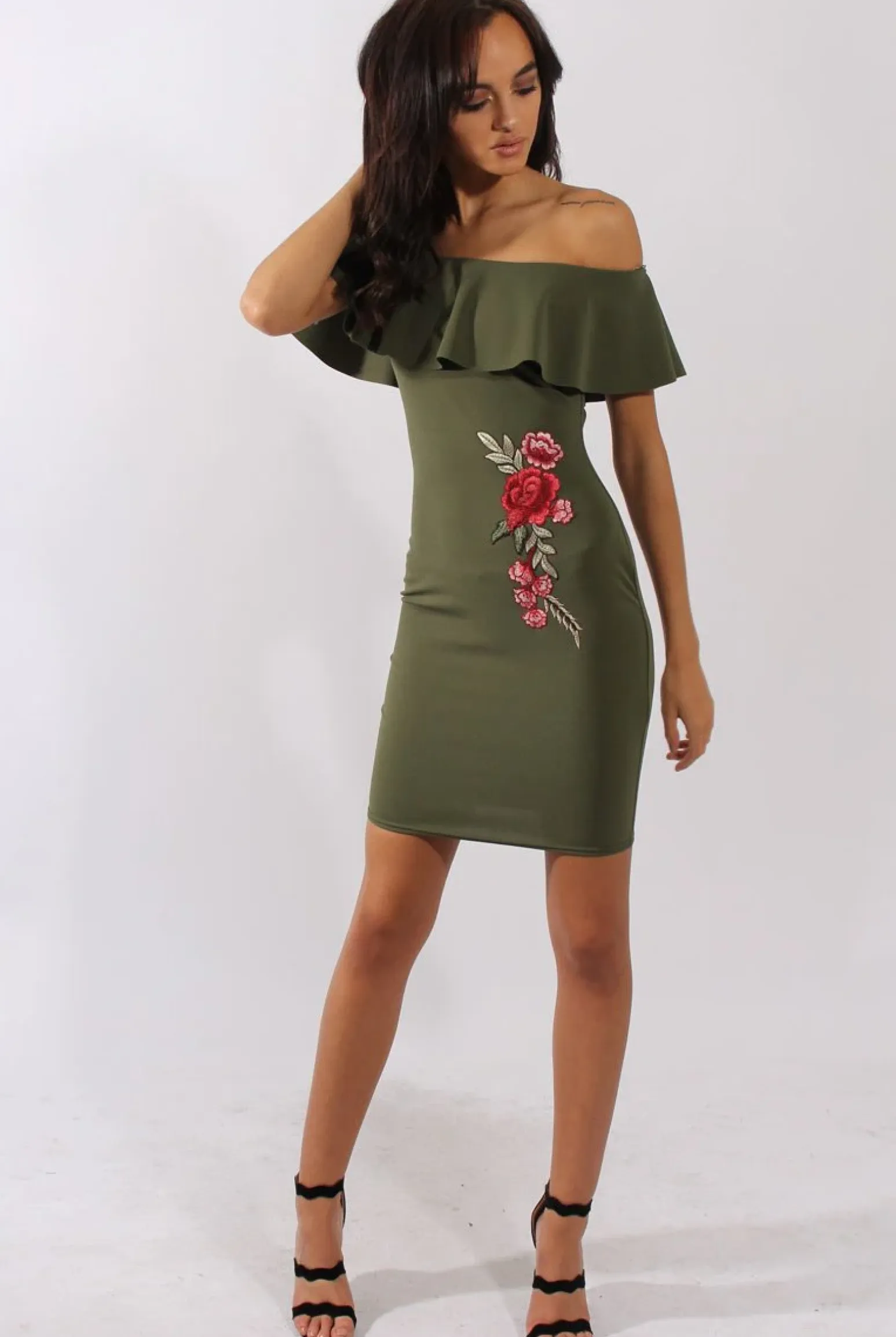 Rebellious Fashion Khaki Bardot Frill Embroidered Dress - Jasmine