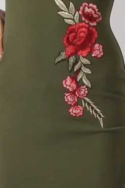 Rebellious Fashion Khaki Bardot Frill Embroidered Dress - Jasmine