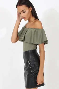 Rebellious Fashion Khaki Bardot Frill Layer Bodysuit - Olga