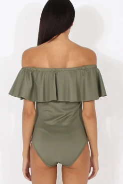 Rebellious Fashion Khaki Bardot Frill Layer Bodysuit - Olga