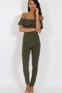 Rebellious Fashion Khaki Bardot Frill Layer Jumpsuit - Anastasia
