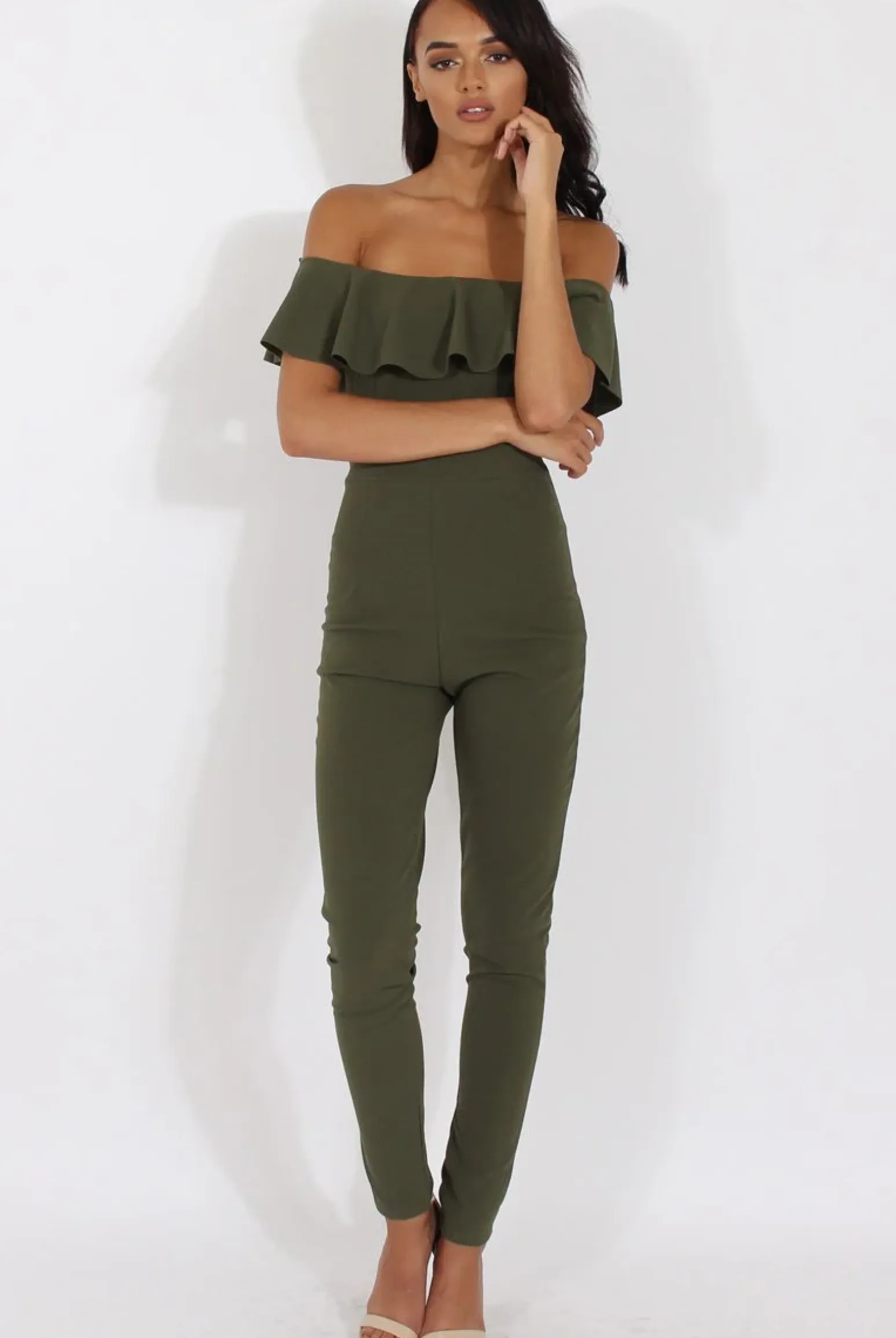Rebellious Fashion Khaki Bardot Frill Layer Jumpsuit - Anastasia