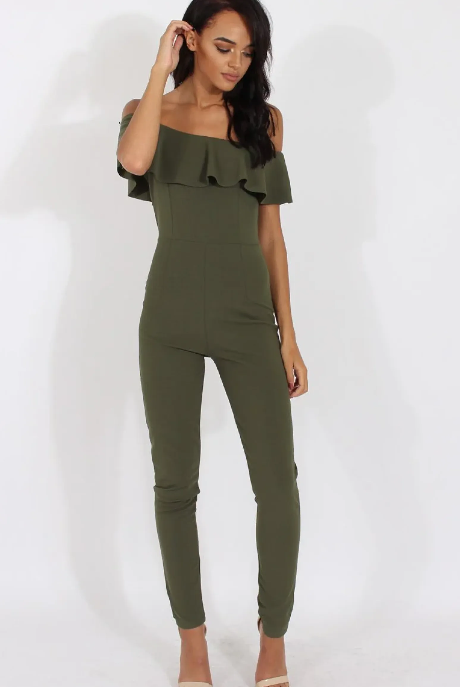 Rebellious Fashion Khaki Bardot Frill Layer Jumpsuit - Anastasia