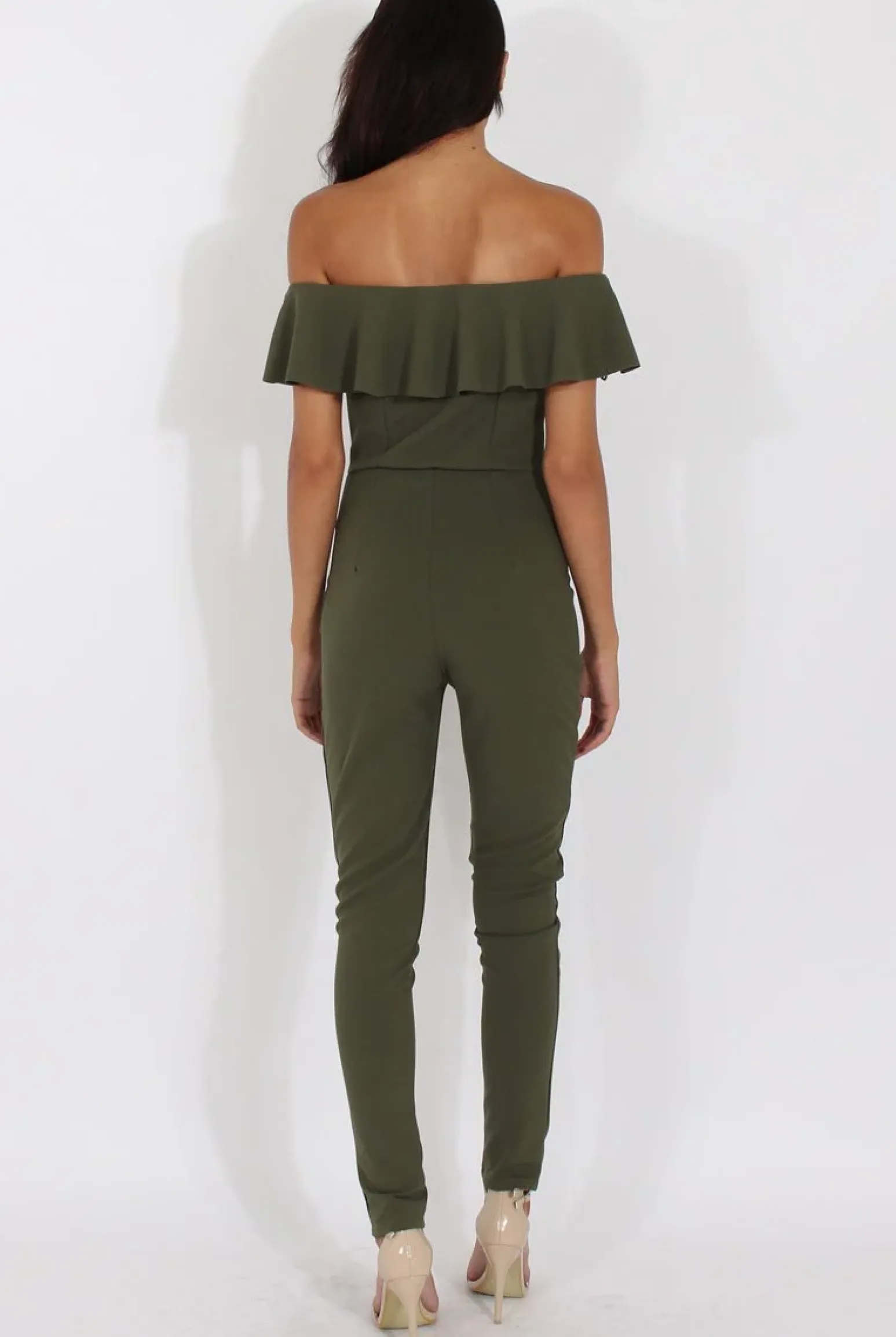 Rebellious Fashion Khaki Bardot Frill Layer Jumpsuit - Anastasia
