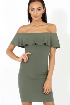 Rebellious Fashion Khaki Bardot Frill Midi Dress - Lily