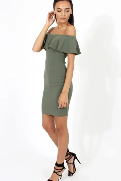 Rebellious Fashion Khaki Bardot Frill Midi Dress - Lily