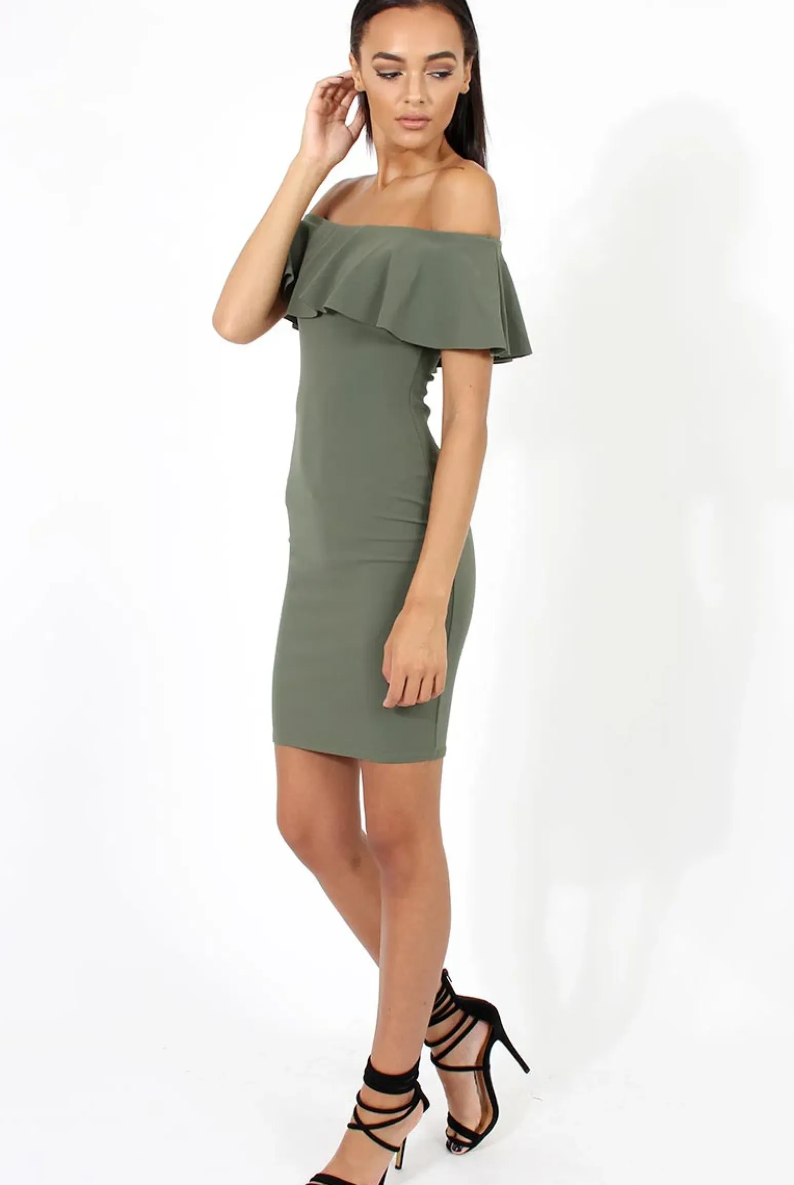 Rebellious Fashion Khaki Bardot Frill Midi Dress - Lily