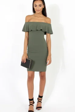 Rebellious Fashion Khaki Bardot Frill Midi Dress - Lily