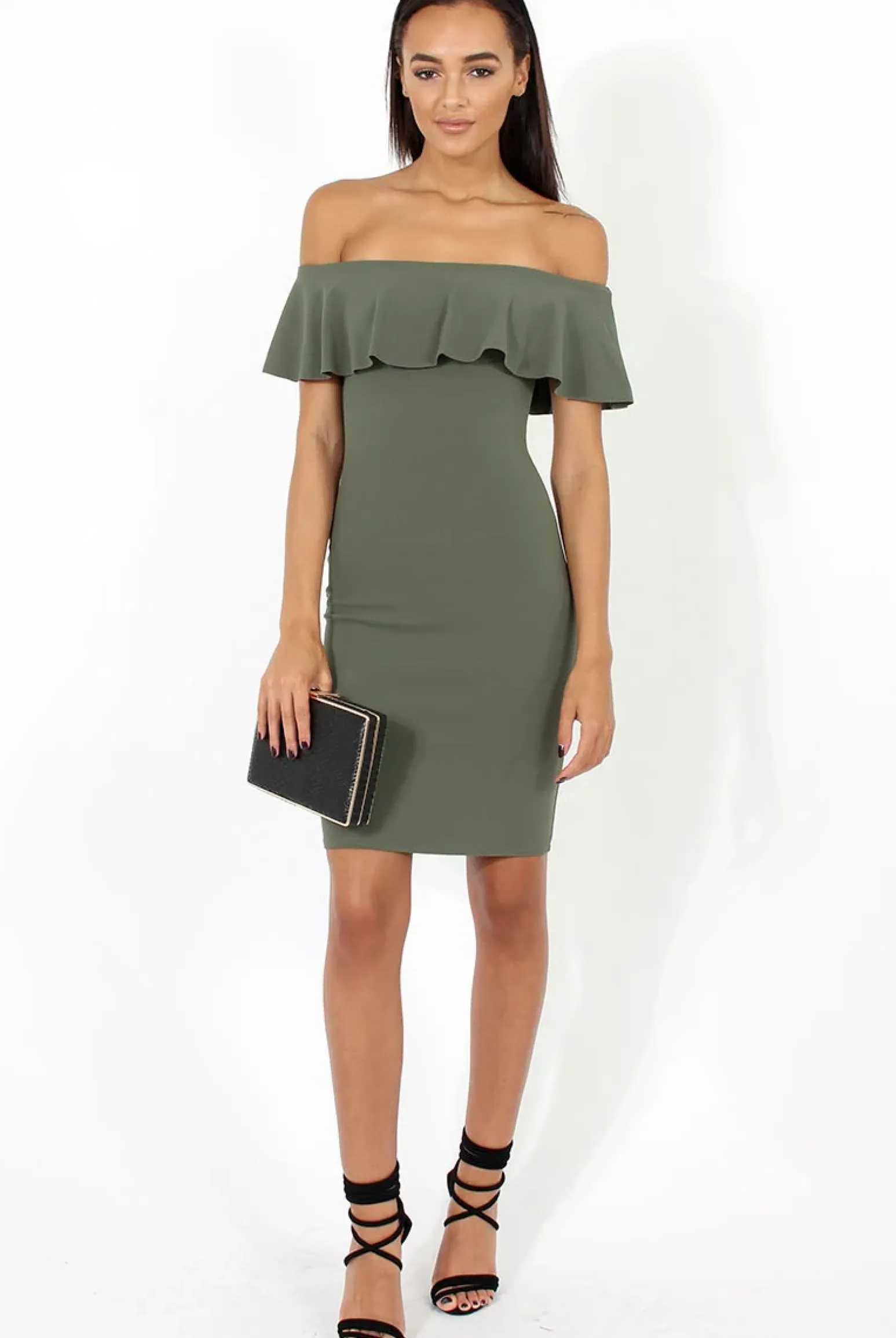 Rebellious Fashion Khaki Bardot Frill Midi Dress - Lily