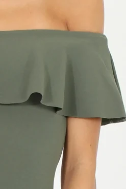 Rebellious Fashion Khaki Bardot Frill Midi Dress - Lily