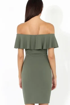 Rebellious Fashion Khaki Bardot Frill Midi Dress - Lily