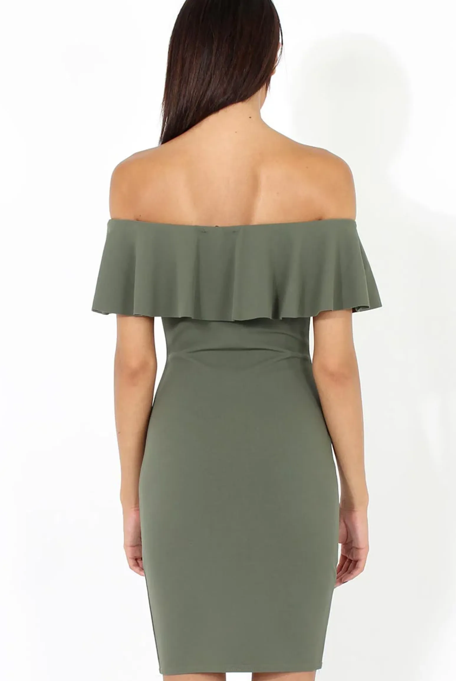 Rebellious Fashion Khaki Bardot Frill Midi Dress - Lily