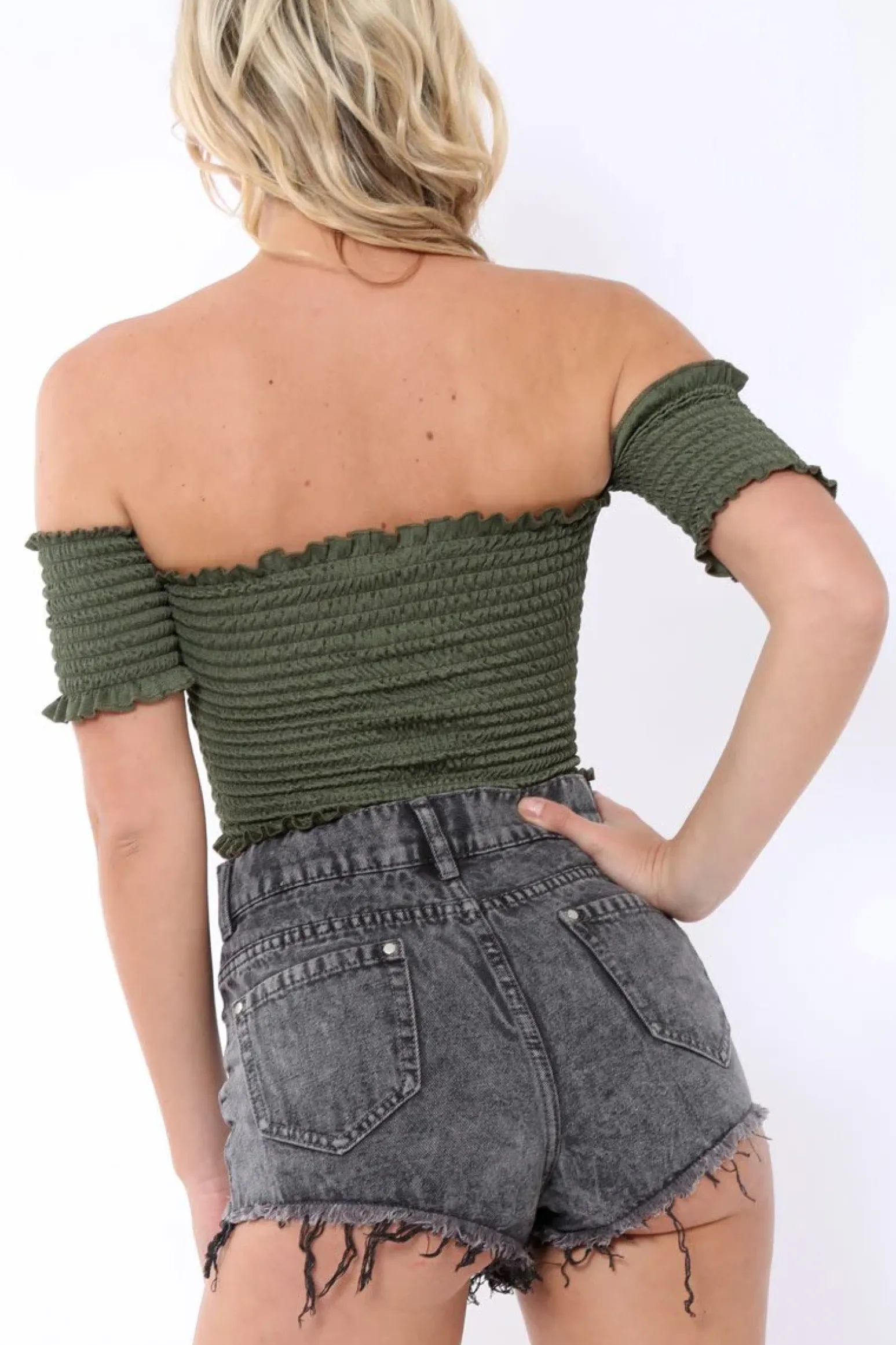 Rebellious Fashion Khaki Bardot Frill Shirred Crop Top - Kailah